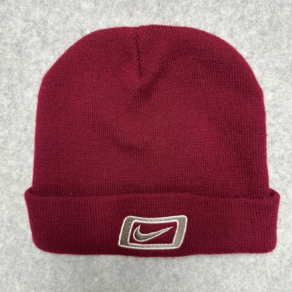 VTG Nike Beanie Hat Burgundy Maroon Knit Cuffed Swoosh Logo Patch OSFA